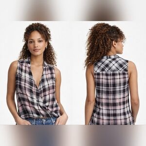 Nwt Splendid Plaid Surplice Top Cotton Gauze Style Crinkle Black White Pink Wrap